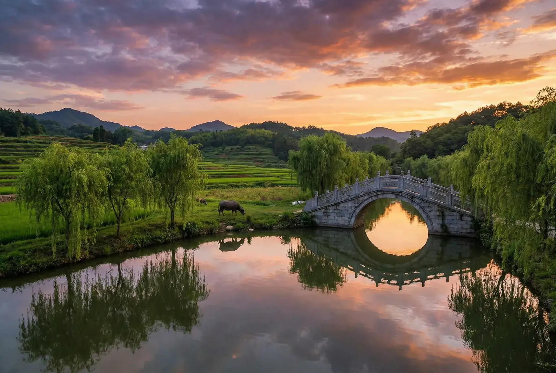 夕阳下的石拱桥与垂柳，水牛在河边吃草 - 扭胯老频道电报 乡村美景